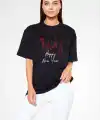 kadın Bisiklet Yaka  Kısa kol Baskılı Oversize T-Shirt - Siyah