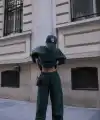 Kadın Bisiklet Yaka Nakış İşlemeli 3 İplik Pamuklu Sweat Alt-Üst Takım - Yeşil