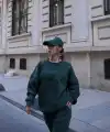 Kadın Bisiklet Yaka Nakış İşlemeli 3 İplik Pamuklu Sweat Alt-Üst Takım - Yeşil