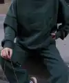Kadın Bisiklet Yaka Nakış İşlemeli 3 İplik Pamuklu Sweat Alt-Üst Takım - Yeşil