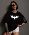 Kadın Bisiklet yaka tişort Ön ve Kol Yarasa Baskılı T-shirt - Siyah