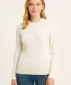 Kadın Bisiklet Yaka Triko Kazak Pamuklu Kalın Fitilli Dokuma Regular Fit - Beyaz