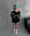 Kadın Bisiklet Yaka Yıldırım Baskılı  Kısa kol Oversize T-Shirt - Siyah