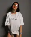 Kadın Bisiklet Yakalı Sırt Baskılı  Kısa kol Oversize T-Shirt - Beyaz