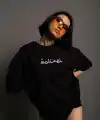 Kadın Bisiklet Yakalı Sırt Baskılı Oversize Kısa kol T-Shirt - Siyah