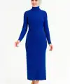 Kadın Boğazlı Uzun Fitilli Tesettüre Uygun Triko Dokuma Elbise - Saks Mavisi
