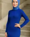 Kadın Boğazlı Uzun Fitilli Tesettüre Uygun Triko Dokuma Elbise - Saks Mavisi