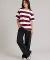 Kadın Çizgili Oversize Tişört Bisiklet Yaka Kısa Kol Yazlık T-Shirt - Bordo