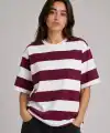 Kadın Çizgili Oversize Tişört Bisiklet Yaka Kısa Kol Yazlık T-Shirt - Bordo
