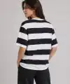 Kadın Çizgili Oversize Tişört Bisiklet Yaka Kısa Kol Yazlık T-Shirt - Siyah