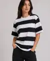 Kadın Çizgili Oversize Tişört Bisiklet Yaka Kısa Kol Yazlık T-Shirt - Siyah