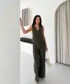 Kadın Çizgili Tansel Kumaş Yelek Pantolon İkili Takım Ofis Şık Modern - Haki
