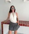 Kadın Dantel Detaylı Derin Dekolte Body Şık Kolsuz Yazlık Bodysuit - Beyaz