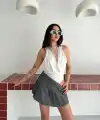 Kadın Dantel Detaylı Derin Dekolte Body Şık Kolsuz Yazlık Bodysuit - Beyaz