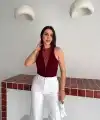 Kadın Dantel Detaylı Derin Dekolte Body Şık Kolsuz Yazlık Bodysuit - Bordo