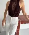 Kadın Dantel Detaylı Derin Dekolte Body Şık Kolsuz Yazlık Bodysuit - Kahvrenegi