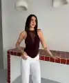 Kadın Dantel Detaylı Derin Dekolte Body Şık Kolsuz Yazlık Bodysuit - Kahvrenegi