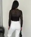 Kadın Dantel Uzun Kol Bluz- Siyah