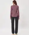 Kadın Dokulu Çizgili Uzun Kollu Tişört Oval Kesim Basic Rahat Kalıp Bluz - Bordo