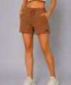 Kadın Dokuma Kumaş Cepli Bağcıklı Regular Fit Yazlık Şort - Kahverengi