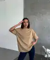 Kadın Düz T-Shirt Kısa Kol Bisiklet Yaka Oversize Rahat Kalıp Günlük Tişört - Bej