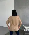 Kadın Düz T-Shirt Kısa Kol Bisiklet Yaka Oversize Rahat Kalıp Günlük Tişört - Bej