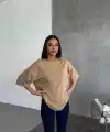 Kadın Düz T-Shirt Kısa Kol Bisiklet Yaka Oversize Rahat Kalıp Günlük Tişört - Bej