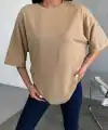 Kadın Düz T-Shirt Kısa Kol Bisiklet Yaka Oversize Rahat Kalıp Günlük Tişört - Bej
