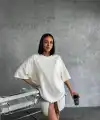 Kadın Düz T-Shirt Kısa Kol Bisiklet Yaka Oversize Rahat Kalıp Günlük Tişört - Beyaz