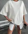 Kadın Düz T-Shirt Kısa Kol Bisiklet Yaka Oversize Rahat Kalıp Günlük Tişört - Beyaz