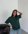 Kadın Düz T-Shirt Kısa Kol Bisiklet Yaka Oversize Rahat Kalıp Günlük Tişört - Haki
