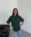 Kadın Düz T-Shirt Kısa Kol Bisiklet Yaka Oversize Rahat Kalıp Günlük Tişört - Haki