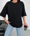 Kadın Düz T-Shirt Kısa Kol Bisiklet Yaka Oversize Tişört - Siyah