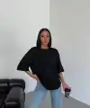 Kadın Düz T-Shirt Kısa Kol Bisiklet Yaka Oversize Tişört - Siyah