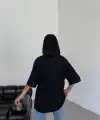 Kadın Düz T-Shirt Kısa Kol Bisiklet Yaka Oversize Tişört - Siyah