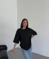 Kadın Düz T-Shirt Kısa Kol Bisiklet Yaka Oversize Tişört - Siyah