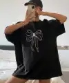 Kadın Fiyonk Baskılı T-Shirt Kısa Kol Bisiklet Yaka Oversize Tişört - Siyah
