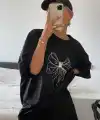 Kadın Fiyonk Baskılı T-Shirt Kısa Kol Bisiklet Yaka Oversize Tişört - Siyah