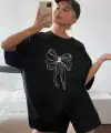 Kadın Fiyonk Baskılı T-Shirt Kısa Kol Bisiklet Yaka Oversize Tişört - Siyah