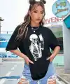 Kadın iskelet Baskılı T-Shirt Kısa Kol Bisiklet Yaka Oversize Tişört - Siyah