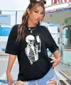 Kadın iskelet Baskılı T-Shirt Kısa Kol Bisiklet Yaka Oversize Tişört - Siyah