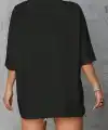 Kadın Kahve Desen Baskılı Tişört Kısa Kol Bisiklet Yaka Oversize T-Shirt - Siyah