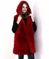 Kadın Kapşonlu Peluş Kürk Yelek Premium Kalite, Tam Astarlı, Uzun Model - Kırmızı
