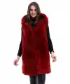 Kadın Kapşonlu Peluş Kürk Yelek Premium Kalite, Tam Astarlı, Uzun Model - Kırmızı