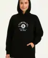 Kadın Kapşonlu Sweatshirt – Üç İplik Şardonlu Kumaş, Oversize Fit, Ön & Arka Baskılı, Kanguru Cepli, Kışlık Rahat Hoodie- Siyah