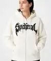 Kadın Kapüşonlu 3 İplik Pamuklu Önü Baskılı Fermuarlı Oversize Hoodie Sweatshirt - Beyaz