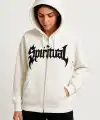 Kadın Kapüşonlu 3 İplik Pamuklu Önü Baskılı Fermuarlı Oversize Hoodie Sweatshirt - Beyaz