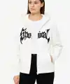 Kadın Kapüşonlu 3 İplik Pamuklu Önü Baskılı Fermuarlı Oversize Hoodie Sweatshirt - Beyaz