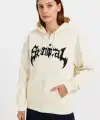 Kadın Kapüşonlu 3 İplik Pamuklu Önü Baskılı Fermuarlı Oversize Hoodie Sweatshirt - Beyaz