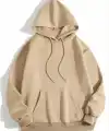 Kadın Kapüşonlu Kanguru Cepli 3 İplik Pamuklu Düz Hoodie Sweatshirt - Bej